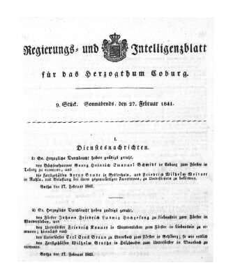 Regierungs- und Intelligenzblatt für das Herzogtum Coburg (Coburger Regierungs-Blatt) Samstag 27. Februar 1841