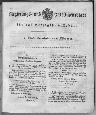 Regierungs- und Intelligenzblatt für das Herzogtum Coburg (Coburger Regierungs-Blatt) Samstag 13. März 1841