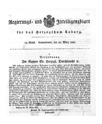 Regierungs- und Intelligenzblatt für das Herzogtum Coburg (Coburger Regierungs-Blatt) Samstag 20. März 1841