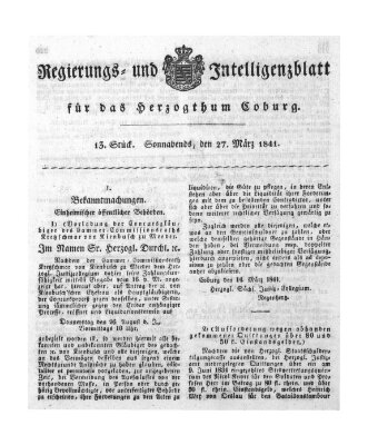 Regierungs- und Intelligenzblatt für das Herzogtum Coburg (Coburger Regierungs-Blatt) Samstag 27. März 1841