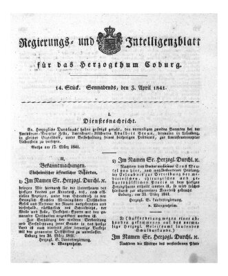 Regierungs- und Intelligenzblatt für das Herzogtum Coburg (Coburger Regierungs-Blatt) Samstag 3. April 1841