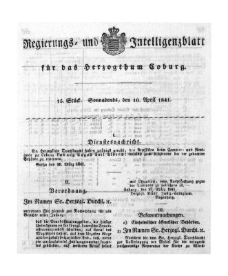 Regierungs- und Intelligenzblatt für das Herzogtum Coburg (Coburger Regierungs-Blatt) Samstag 10. April 1841