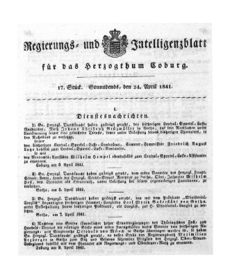 Regierungs- und Intelligenzblatt für das Herzogtum Coburg (Coburger Regierungs-Blatt) Samstag 24. April 1841