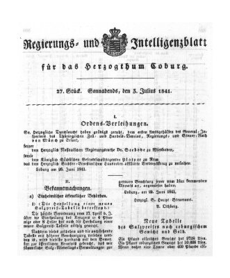 Regierungs- und Intelligenzblatt für das Herzogtum Coburg (Coburger Regierungs-Blatt) Samstag 3. Juli 1841