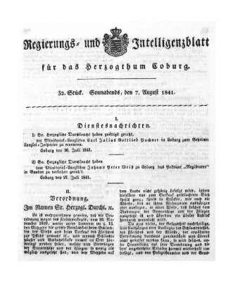 Regierungs- und Intelligenzblatt für das Herzogtum Coburg (Coburger Regierungs-Blatt) Samstag 7. August 1841