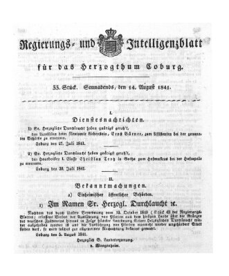 Regierungs- und Intelligenzblatt für das Herzogtum Coburg (Coburger Regierungs-Blatt) Samstag 14. August 1841