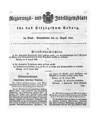 Regierungs- und Intelligenzblatt für das Herzogtum Coburg (Coburger Regierungs-Blatt) Samstag 21. August 1841