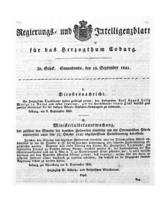 Regierungs- und Intelligenzblatt für das Herzogtum Coburg (Coburger Regierungs-Blatt) Samstag 18. September 1841