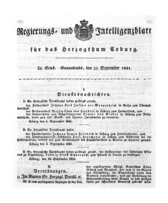 Regierungs- und Intelligenzblatt für das Herzogtum Coburg (Coburger Regierungs-Blatt) Samstag 25. September 1841