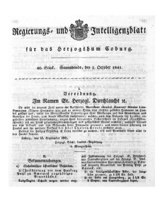 Regierungs- und Intelligenzblatt für das Herzogtum Coburg (Coburger Regierungs-Blatt) Samstag 2. Oktober 1841