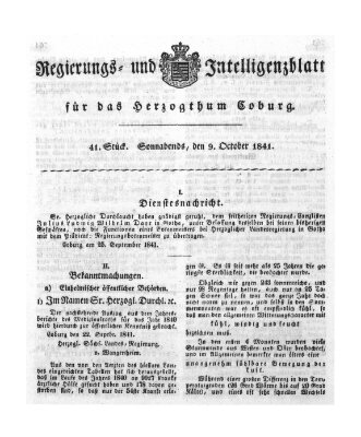 Regierungs- und Intelligenzblatt für das Herzogtum Coburg (Coburger Regierungs-Blatt) Samstag 9. Oktober 1841