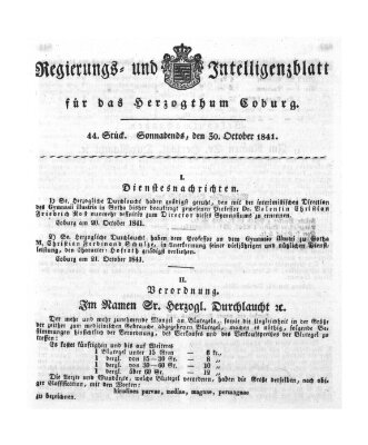 Regierungs- und Intelligenzblatt für das Herzogtum Coburg (Coburger Regierungs-Blatt) Samstag 30. Oktober 1841