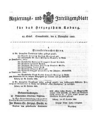 Regierungs- und Intelligenzblatt für das Herzogtum Coburg (Coburger Regierungs-Blatt) Samstag 6. November 1841