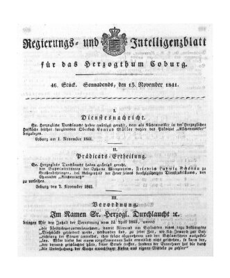 Regierungs- und Intelligenzblatt für das Herzogtum Coburg (Coburger Regierungs-Blatt) Samstag 13. November 1841