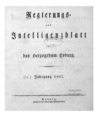 Regierungs- und Intelligenzblatt für das Herzogtum Coburg (Coburger Regierungs-Blatt) Saturday 1. January 1842