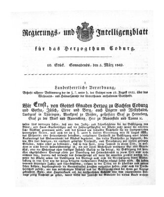 Regierungs- und Intelligenzblatt für das Herzogtum Coburg (Coburger Regierungs-Blatt) Samstag 5. März 1842