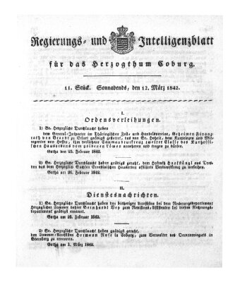 Regierungs- und Intelligenzblatt für das Herzogtum Coburg (Coburger Regierungs-Blatt) Samstag 12. März 1842