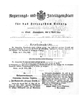 Regierungs- und Intelligenzblatt für das Herzogtum Coburg (Coburger Regierungs-Blatt) Samstag 9. April 1842