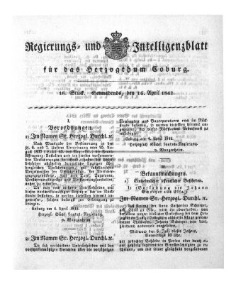 Regierungs- und Intelligenzblatt für das Herzogtum Coburg (Coburger Regierungs-Blatt) Samstag 16. April 1842