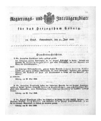 Regierungs- und Intelligenzblatt für das Herzogtum Coburg (Coburger Regierungs-Blatt) Samstag 11. Juni 1842