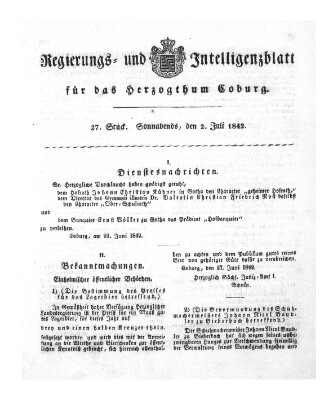 Regierungs- und Intelligenzblatt für das Herzogtum Coburg (Coburger Regierungs-Blatt) Samstag 2. Juli 1842