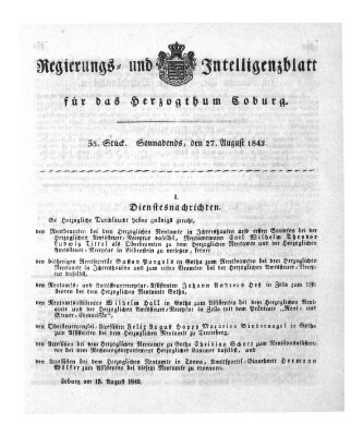 Regierungs- und Intelligenzblatt für das Herzogtum Coburg (Coburger Regierungs-Blatt) Samstag 27. August 1842