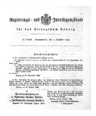 Regierungs- und Intelligenzblatt für das Herzogtum Coburg (Coburger Regierungs-Blatt) Samstag 1. Oktober 1842