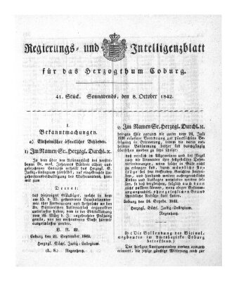 Regierungs- und Intelligenzblatt für das Herzogtum Coburg (Coburger Regierungs-Blatt) Samstag 8. Oktober 1842