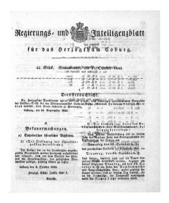 Regierungs- und Intelligenzblatt für das Herzogtum Coburg (Coburger Regierungs-Blatt) Samstag 15. Oktober 1842