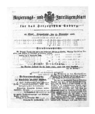 Regierungs- und Intelligenzblatt für das Herzogtum Coburg (Coburger Regierungs-Blatt) Samstag 12. November 1842