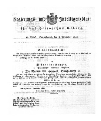 Regierungs- und Intelligenzblatt für das Herzogtum Coburg (Coburger Regierungs-Blatt) Samstag 3. Dezember 1842