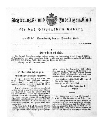 Regierungs- und Intelligenzblatt für das Herzogtum Coburg (Coburger Regierungs-Blatt) Samstag 24. Dezember 1842