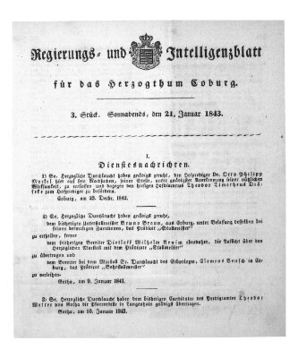 Regierungs- und Intelligenzblatt für das Herzogtum Coburg (Coburger Regierungs-Blatt) Samstag 21. Januar 1843