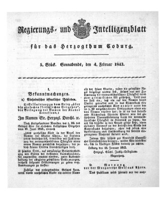 Regierungs- und Intelligenzblatt für das Herzogtum Coburg (Coburger Regierungs-Blatt) Samstag 4. Februar 1843