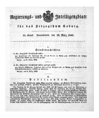 Regierungs- und Intelligenzblatt für das Herzogtum Coburg (Coburger Regierungs-Blatt) Samstag 18. März 1843