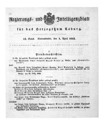 Regierungs- und Intelligenzblatt für das Herzogtum Coburg (Coburger Regierungs-Blatt) Samstag 1. April 1843