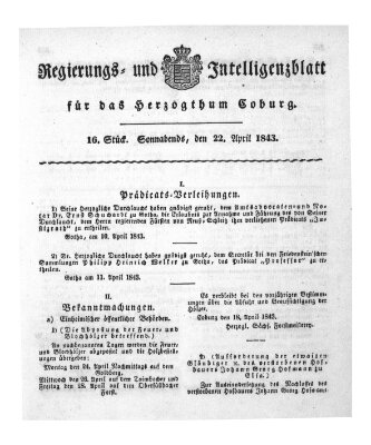 Regierungs- und Intelligenzblatt für das Herzogtum Coburg (Coburger Regierungs-Blatt) Samstag 22. April 1843