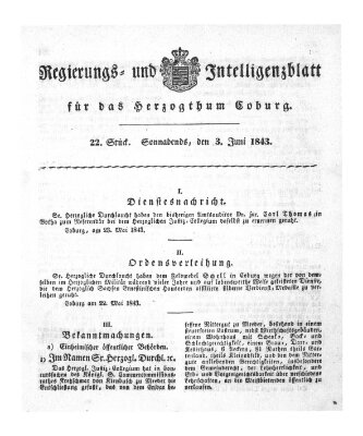 Regierungs- und Intelligenzblatt für das Herzogtum Coburg (Coburger Regierungs-Blatt) Samstag 3. Juni 1843