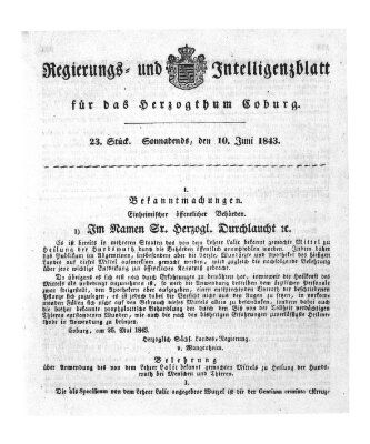 Regierungs- und Intelligenzblatt für das Herzogtum Coburg (Coburger Regierungs-Blatt) Samstag 10. Juni 1843