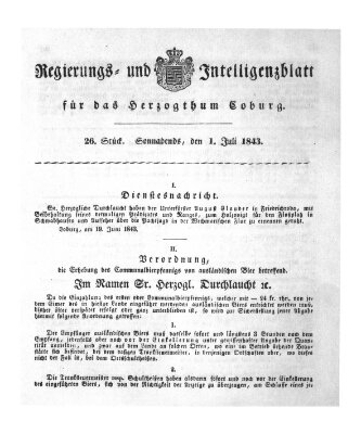 Regierungs- und Intelligenzblatt für das Herzogtum Coburg (Coburger Regierungs-Blatt) Samstag 1. Juli 1843