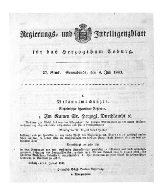 Regierungs- und Intelligenzblatt für das Herzogtum Coburg (Coburger Regierungs-Blatt) Samstag 8. Juli 1843