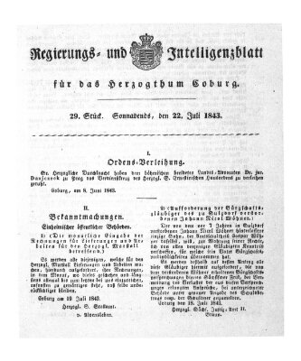 Regierungs- und Intelligenzblatt für das Herzogtum Coburg (Coburger Regierungs-Blatt) Samstag 22. Juli 1843