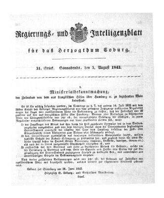 Regierungs- und Intelligenzblatt für das Herzogtum Coburg (Coburger Regierungs-Blatt) Samstag 5. August 1843