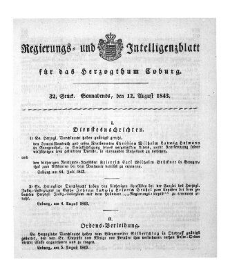 Regierungs- und Intelligenzblatt für das Herzogtum Coburg (Coburger Regierungs-Blatt) Samstag 12. August 1843