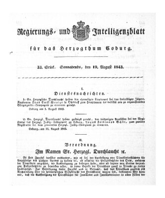 Regierungs- und Intelligenzblatt für das Herzogtum Coburg (Coburger Regierungs-Blatt) Samstag 19. August 1843