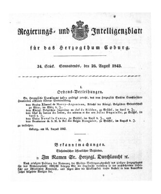 Regierungs- und Intelligenzblatt für das Herzogtum Coburg (Coburger Regierungs-Blatt) Samstag 26. August 1843