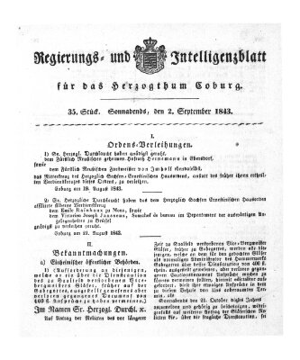 Regierungs- und Intelligenzblatt für das Herzogtum Coburg (Coburger Regierungs-Blatt) Samstag 2. September 1843