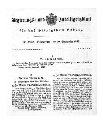 Regierungs- und Intelligenzblatt für das Herzogtum Coburg (Coburger Regierungs-Blatt) Samstag 30. September 1843