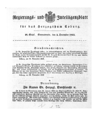 Regierungs- und Intelligenzblatt für das Herzogtum Coburg (Coburger Regierungs-Blatt) Samstag 2. Dezember 1843