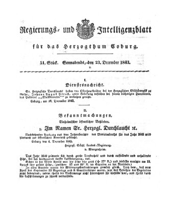 Regierungs- und Intelligenzblatt für das Herzogtum Coburg (Coburger Regierungs-Blatt) Samstag 23. Dezember 1843